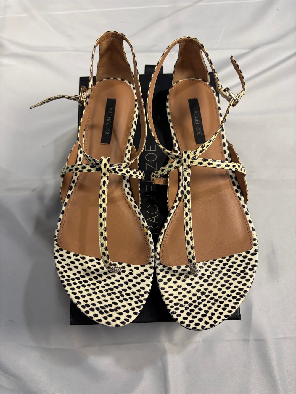 Rachel Zoe Cream & Black Spotted T-Strap Sandals